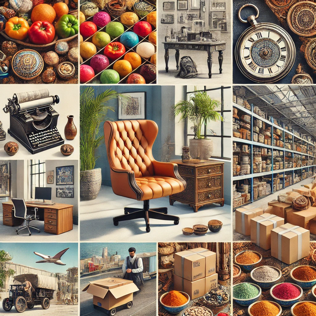 DALL·E 2024-09-15 18.07.56 - A visually appealing collage featuring a variety of goods and services for global trade. In the collage, fresh fruits and vegetables, premium furnitur